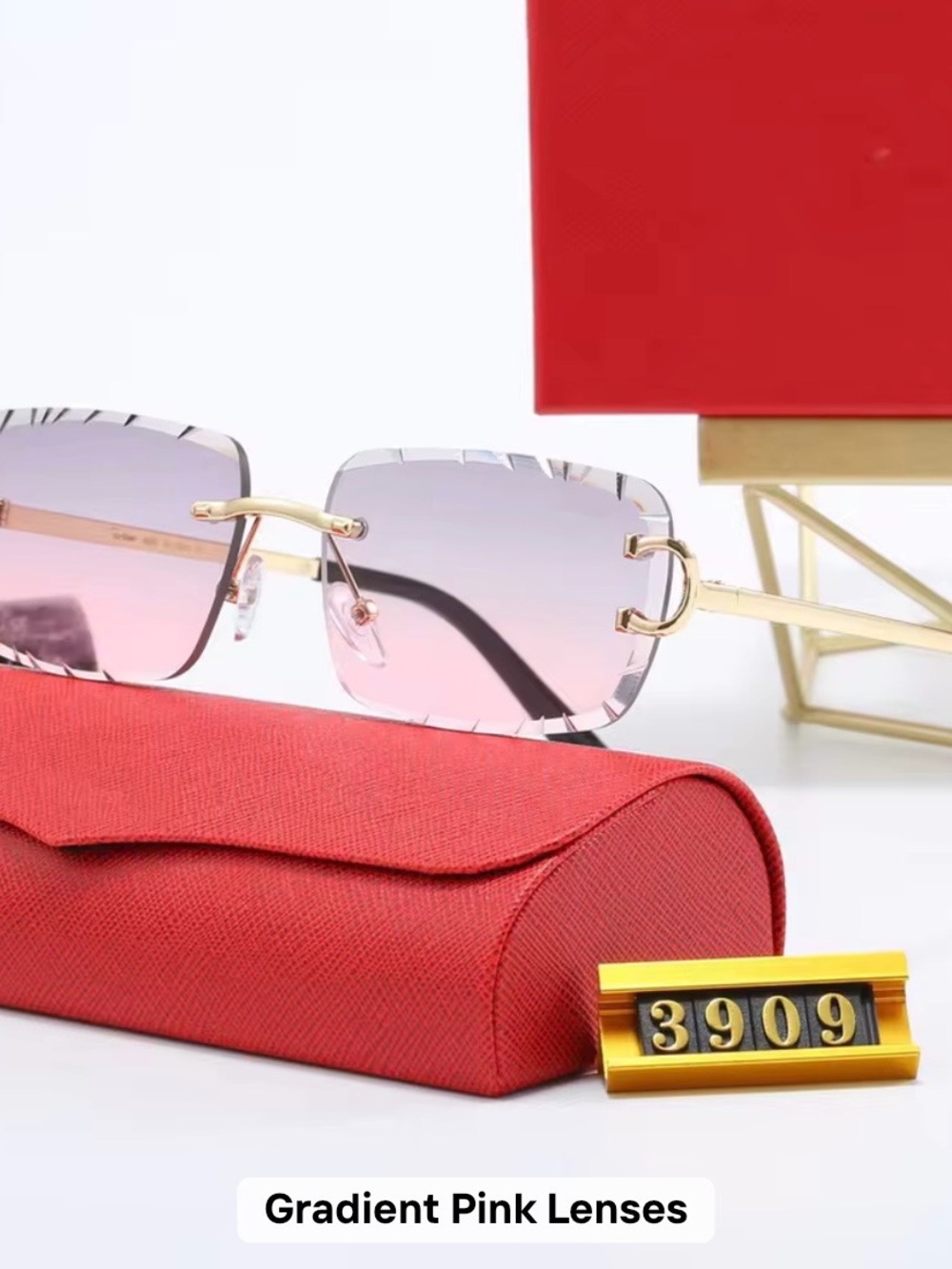 Rimless Gradient Pink Lens Sunglasses with Gold Arms NO BOX